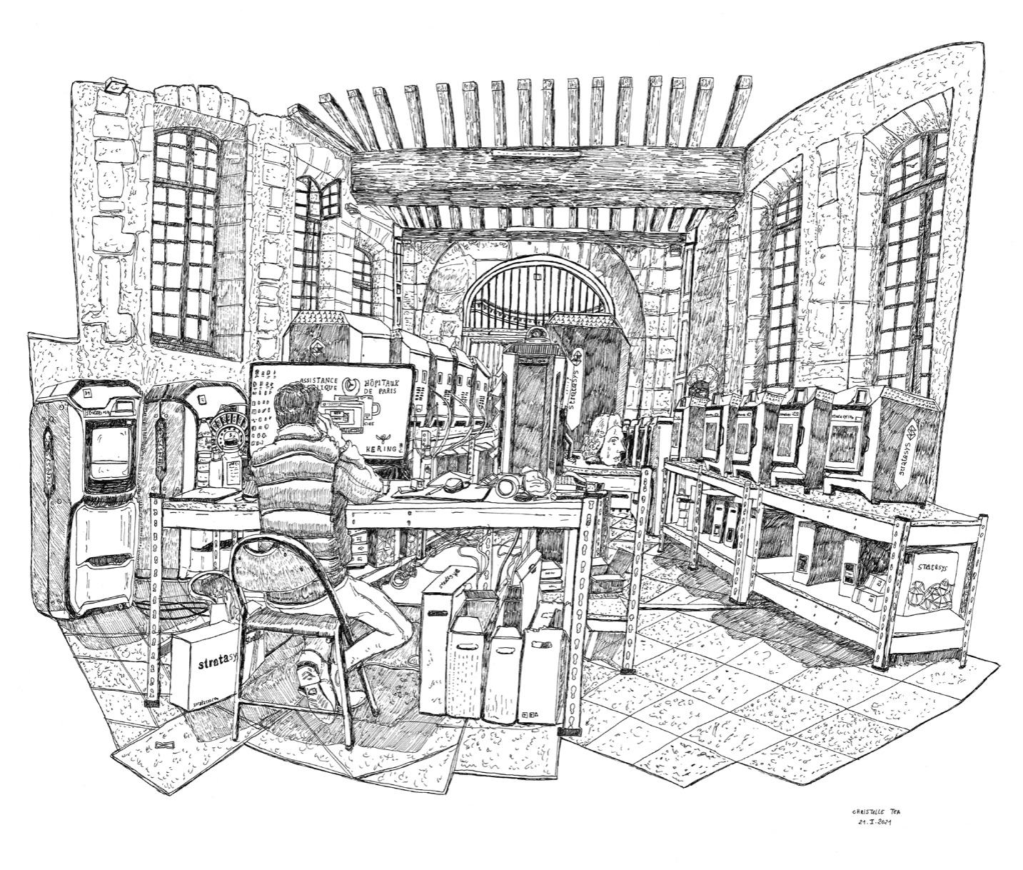 Plateforme 3D COVID, Abbaye de Port-Royal, Hôpital Cochin, Paris, 2021, encre de Chine, par Christelle Téa